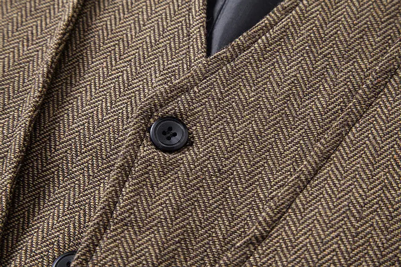 Men's Triple-Breasted Herringbone Tweed Vest – Retro Fake Two-Piece Waistcoat for Weddings & Smart-Casual Occasions