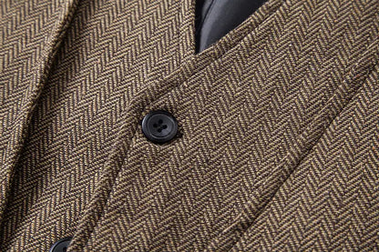 Men's Triple-Breasted Herringbone Tweed Vest – Retro Fake Two-Piece Waistcoat for Weddings & Smart-Casual Occasions