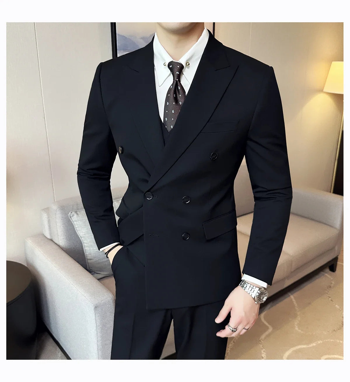Men's Double Breasted Suit Set – Slim Fit Blazer, Vest & Pants for Wedding & Business