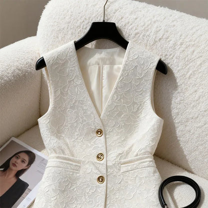 Elegant White Jacquard Waistcoat Vest For Women V‑neck Fit Waist Decorative Sleeveless Blazer Office Commuter Tailored Outerwear