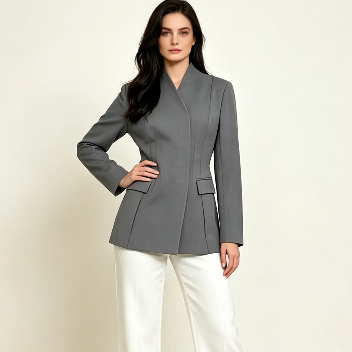 2026 New Women V Neck Blazer No Lapel Waist Shaping Suit Jacket Elegant Office Formal Outerwear 5 Colors