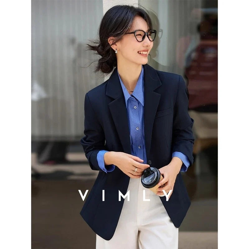 Women's Navy Blue Jackets Autumn 2026 Oversize Elegant Office Wear Blazer Notched Ladies New in Coats and Jackets A2360