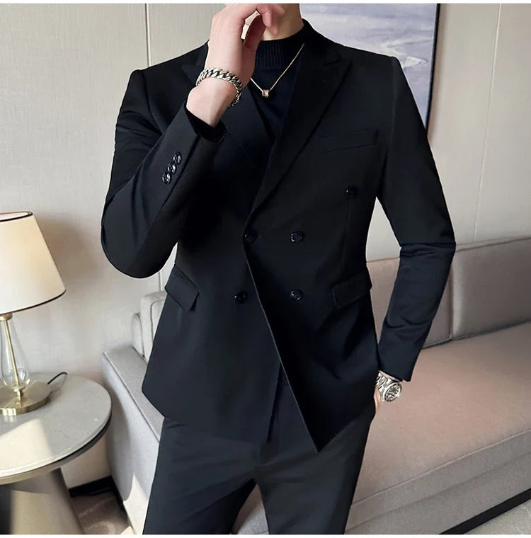 Autumn High-quality Double Breasted Slim Fit Suit Jacket Men Versatile Casual Business Blazer Wedding Social Banquet Formal Coat