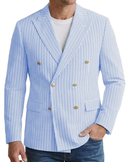 Vintage Men's Striped Double Breasted Blazer Casual Business Suit Jacket Lightweight Notched Lapel Sport Coat Wedding Party Wear