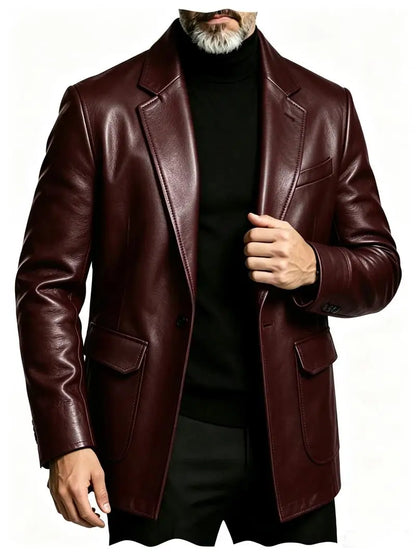 Men's PU Leather Blazer Single Breasted Slim Fit Notched Collar Suit Jacket Motorcycle Sport Coat For Formal Business Party