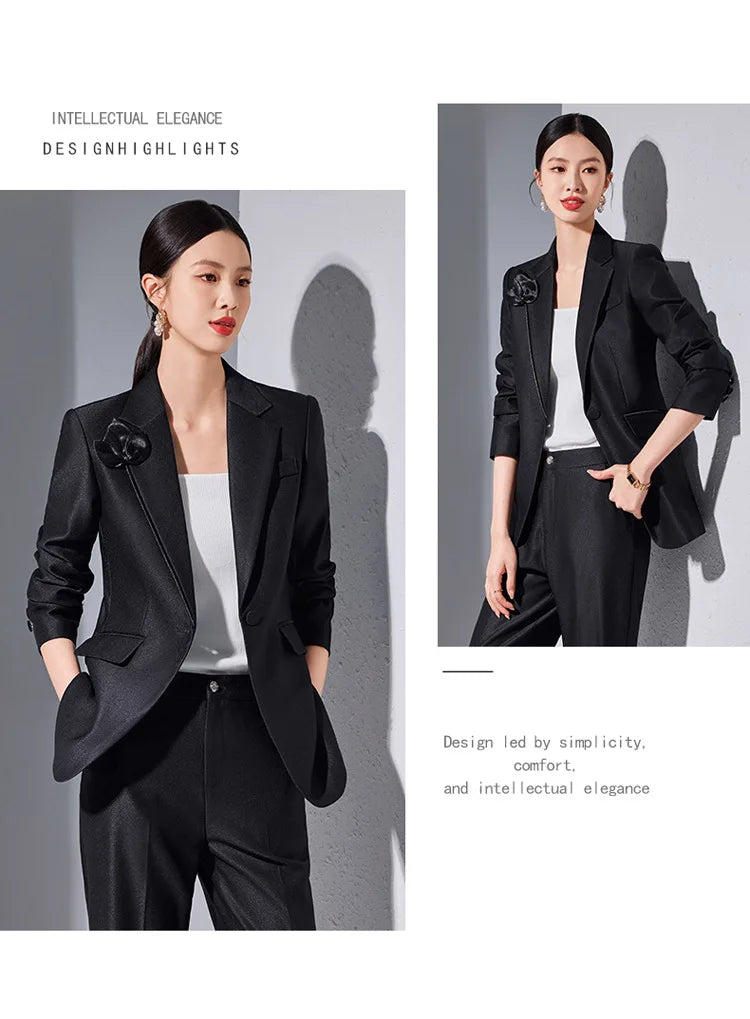 Women Blazer Pants Sets Apricot Appliques Two Pieces 2024 Autumn Work wear Trousers Formal Solid Color Long Sleeve Tops Pantsuit