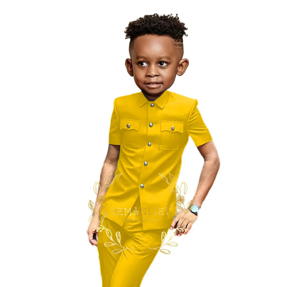 Boys Suit Black 2 Pieces Short Sleeve Party Tuxedo Formal Wedding Kids Clothes Indian Style Blazer Pants 2-16 Years Old