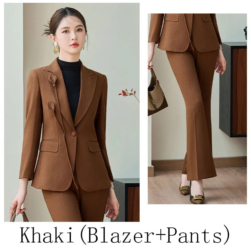 High End Khaki Elegant Fashion Two Piece Set Fashion Women Slim Single Button Blazer And Flare Pant Office Lady Work Wear
