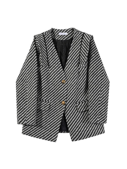 Women's Zebra Stripes Blazer Jacket Vintage Long Sleeve Outerwear Black Gothic Woolen Suit Coat Harajuku Y2k 2000s Clothes Autum