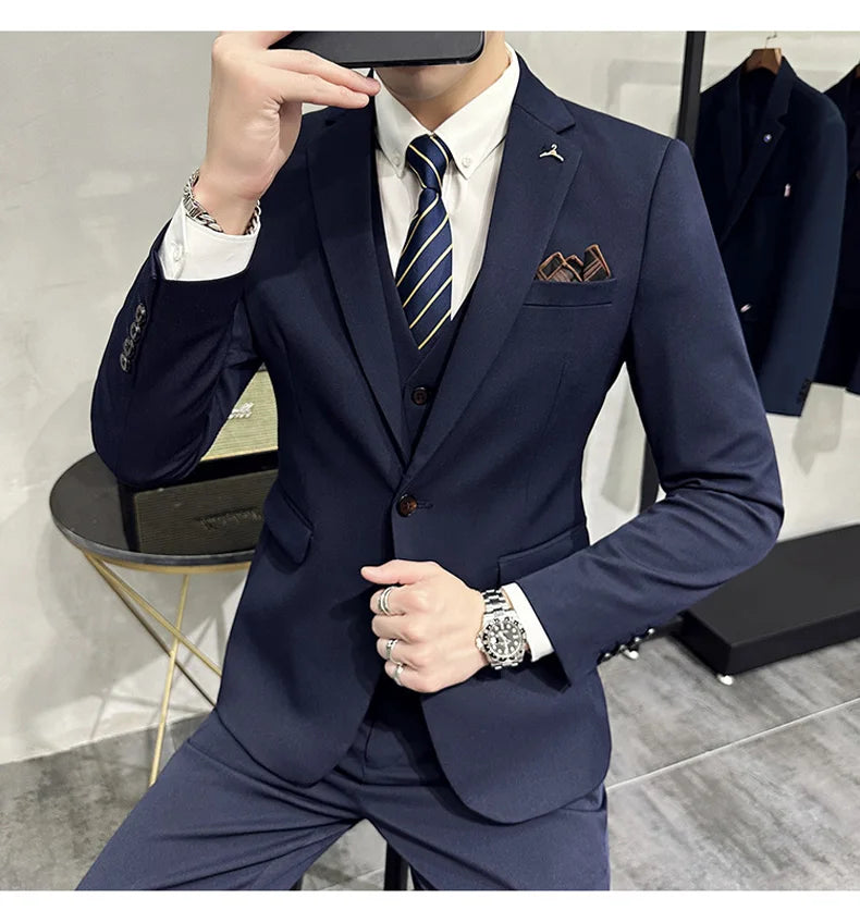 2025 Men's Wedding Suit Vest Trousers Set Fashionable Handsome Solid Color Groom's Three-Piece Outfit Available in Sizes M-7XL