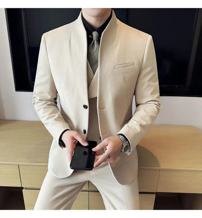 Men's 3-Piece Slim Fit Stand Collar Suit – Wedding, Prom & Office Formal Set