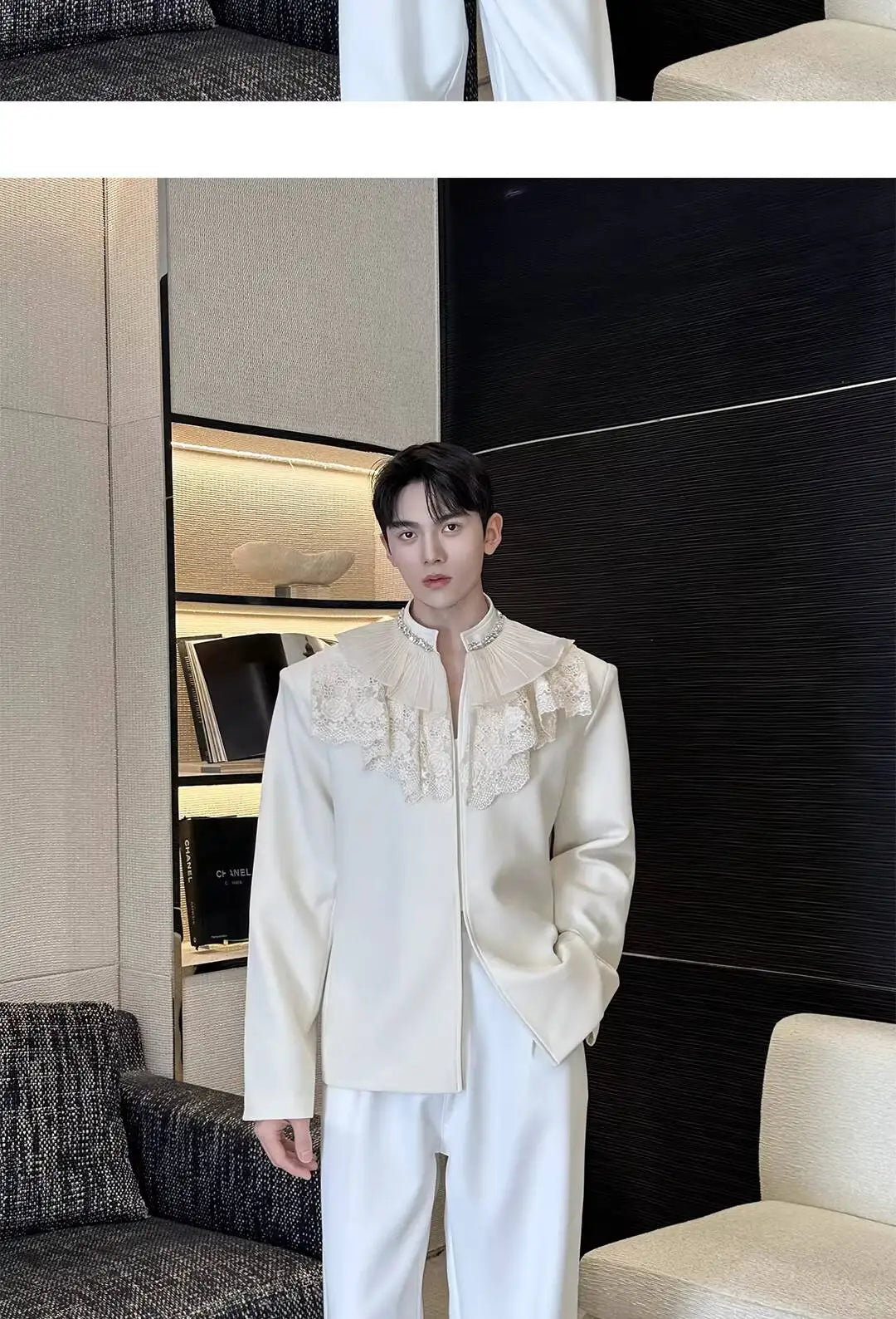 2026 New Personalized Lace Patchwork Stand Collar Diamond-Embellished Blazer Coat Men Fashion Luxury Casual Jacket JY6215