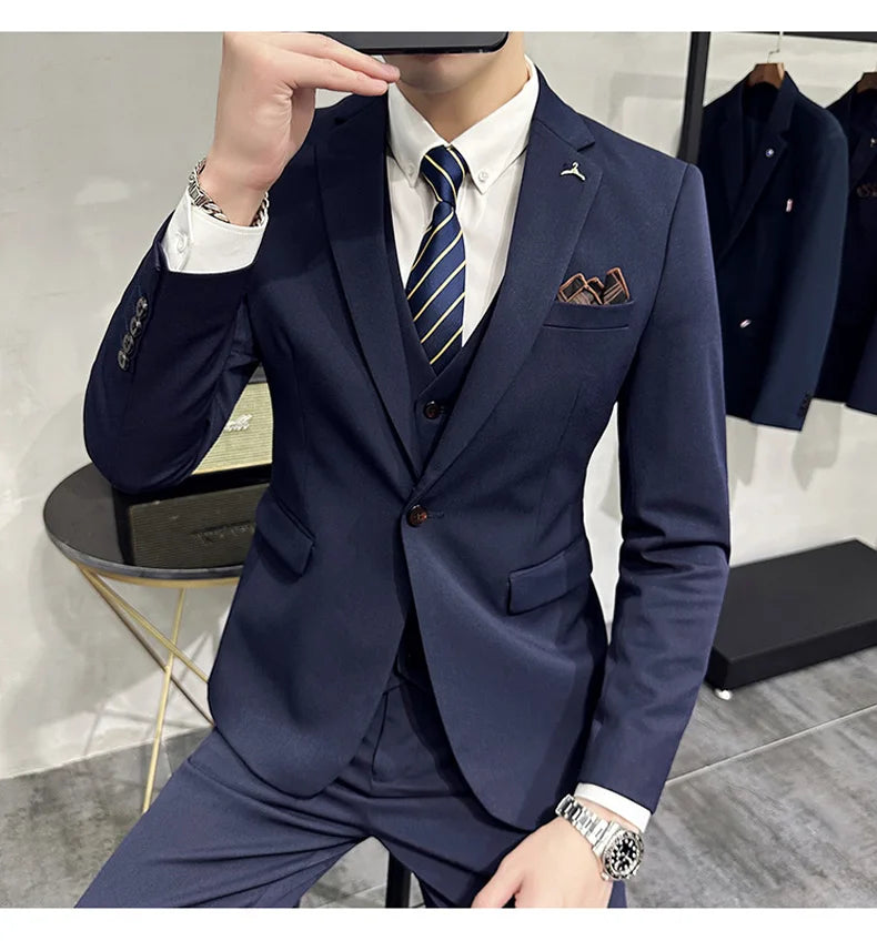 2025 Men's Wedding Suit Vest Trousers Set Fashionable Handsome Solid Color Groom's Three-Piece Outfit Available in Sizes M-7XL