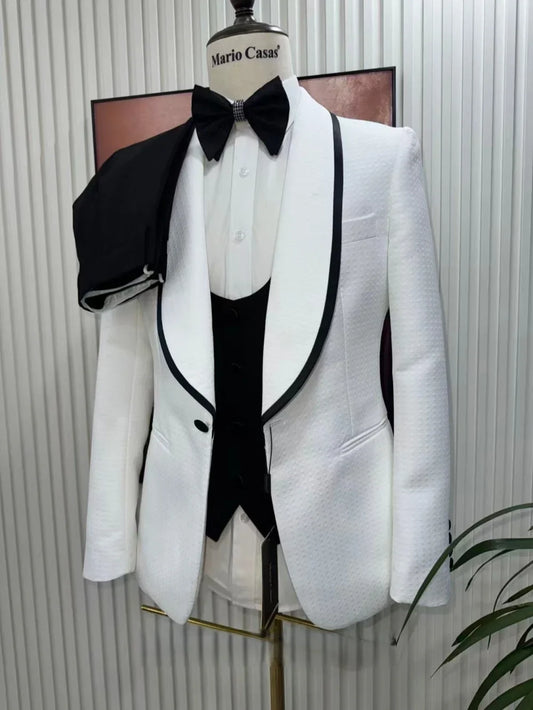 High Quality Men's Slim Fit Tuxedo 3 Pieces Interview Outfit Chic Jacquard Shawl Lapel Suit Set For Business Banquet S-3XL