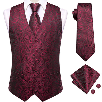 Men's Suit Vest Set Red Paisley Waistcoat with Tie Pocket Square Cufflinks for Weddings