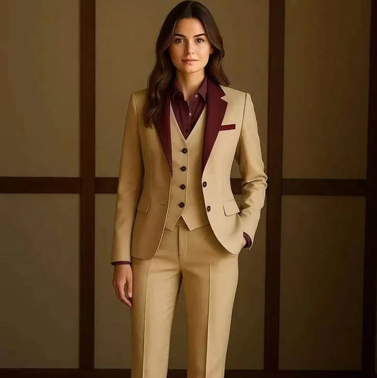 Burgundy Collar Champagne Formal Business Women Suit Wedding Party Prom Ladies Mother Girl Tuxedos 3 Piece Set Blazer Vest Pants