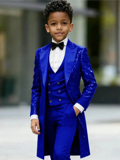 New Boys Sequined Long Jacket Suit Set 3 Pieces Formal Party Wear Handsome Chic Peak Lapel Kids Tuxedo For Birthday 2-20T