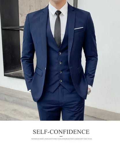 Men's Solid Color 3-Piece Suit – Slim Fit Blazer, Waistcoat & Trousers for Business, Dinner & Formal Occasions