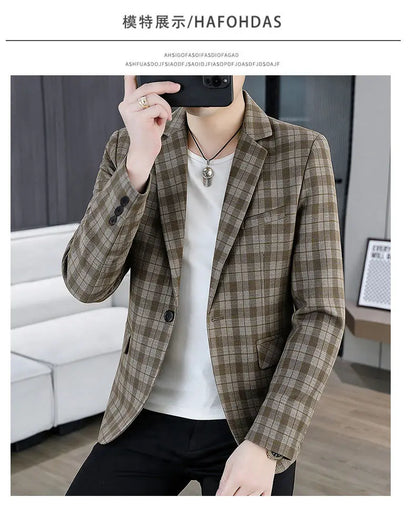Men's Smart Casual Plaid Blazer – Single Breasted, Slim Fit, Spring Autumn