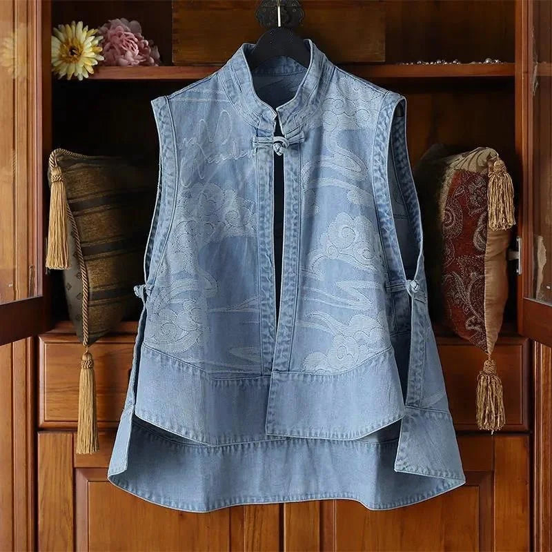 New Female Cowboy Vest Tops Coat Chinese Style Buckle Female Denim Waistcoat Jacket Ladies Cardigan Leisure Sleeveless Outerwear