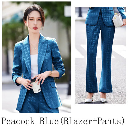 Fashion Ladies Formal Pant Suit Women Houndstooth Single Button Jacket And Trouser Female Business Work Wear 2 Piece Blazer Set