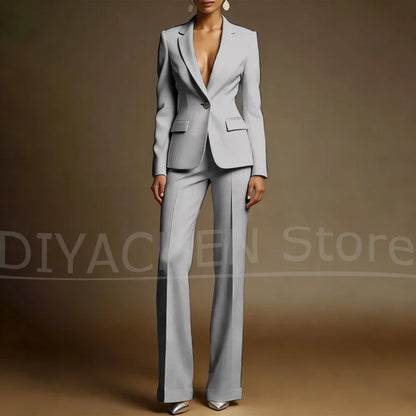 Women's White Suit Set Slim Fit Two Piece Jacket and Wide Leg Pants Office Casual Formal Occasions Elegant Female Outfit