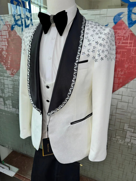 Men's 3-Piece Crystal Slim Fit Suit Set for Wedding Groom and Formal Events