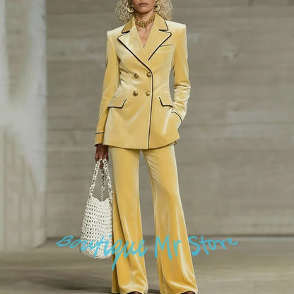 Luxury Women Yellow Velvet Clothing Double-Breasted Blazer+Pants Sets Elegant Winter Daily Suit Slim Fit Office Outerwears