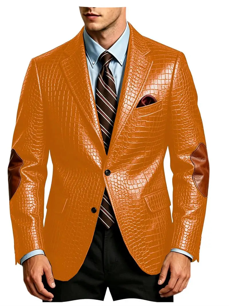 Men's Crocodile Embossed Leather Brown Jacket Patchwork Lapel Collar Slim Fit Luxury PU Blazer For Business Casual Party
