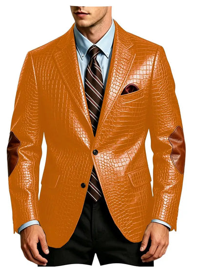 Men's Crocodile Embossed Leather Brown Jacket Patchwork Lapel Collar Slim Fit Luxury PU Blazer For Business Casual Party