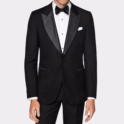 Men Suit Black 2 Pieces Single Button With Bright Black Lapel For Wedding Birthday Banquet Business Work Set Jacket With Pants