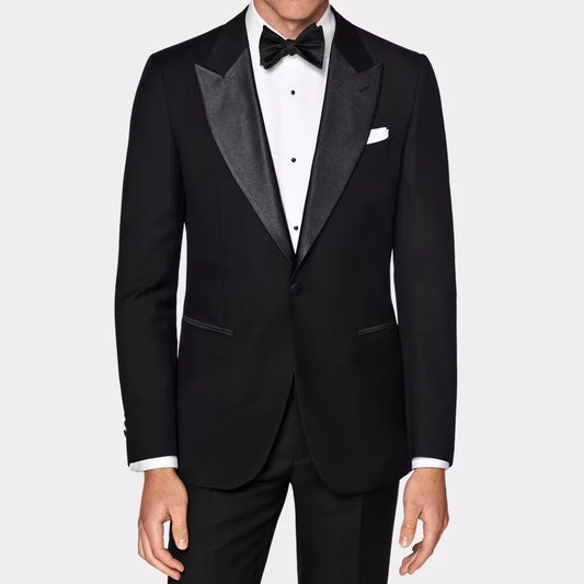 Men Suit Black 2 Pieces Single Button With Bright Black Lapel For Wedding Birthday Banquet Business Work Set Jacket With Pants