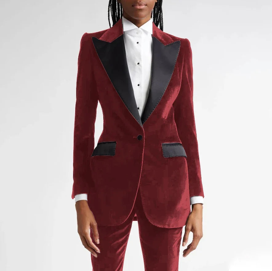 Black Flannel Women Suit Customized Single-grain Buckle Peaked Lapel Two Pieces(Jacket+Pants) Modern Business Office Lady Set