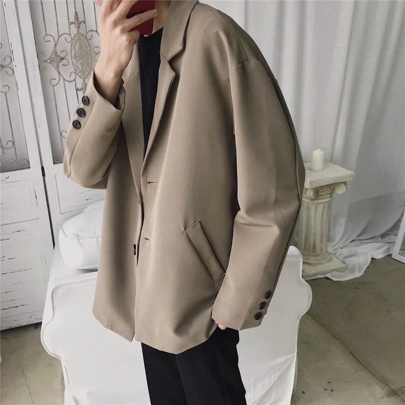 Men Spring Autumn Casual Blazer Set INS Korean Style Trendy Hong Kong Vibe Handsome Suit Jacket Outerwear