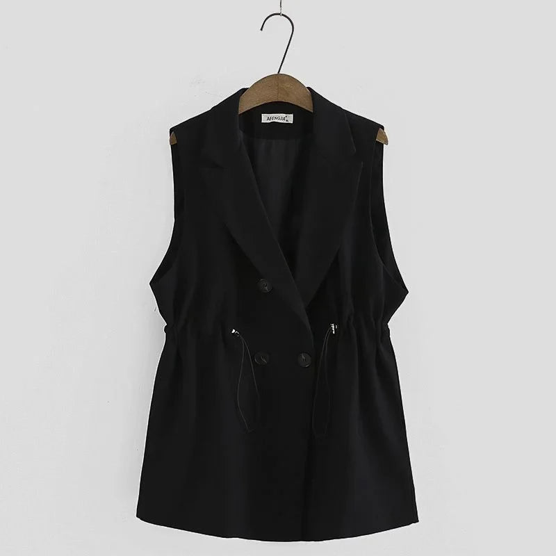 Women Sleeveless Casual Blazer Fashion Vests Korean Style 2026 Elegant Peak Lapel Suit Coats Oversize OL Black Vests