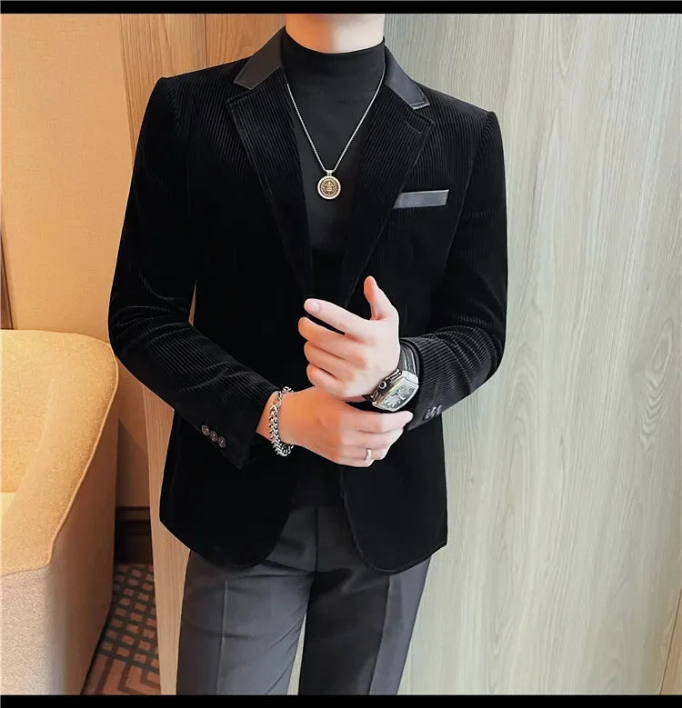 Autumn Winter Corduroy Suit Coat For Men Korean Elegant Slim Fit Business Formal Dress Coats Groom Wedding Tuxedo Suit Jacket