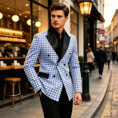 Men's Checkered Double Breasted Blazer Tailored Slim Fit Formal Jacket For Wedding Groom Cocktail Event Prom Dinner Party Coat