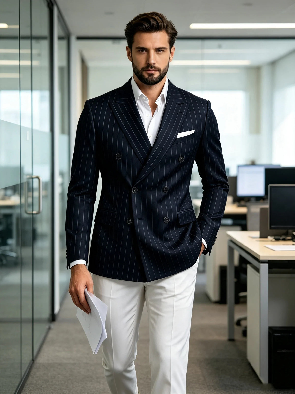 Men Striped Double Breasted Suit Jacket Notch Lapel Business Slim Fit Formal Blazer Elegant Lightweight Dress Coat For Prom Work