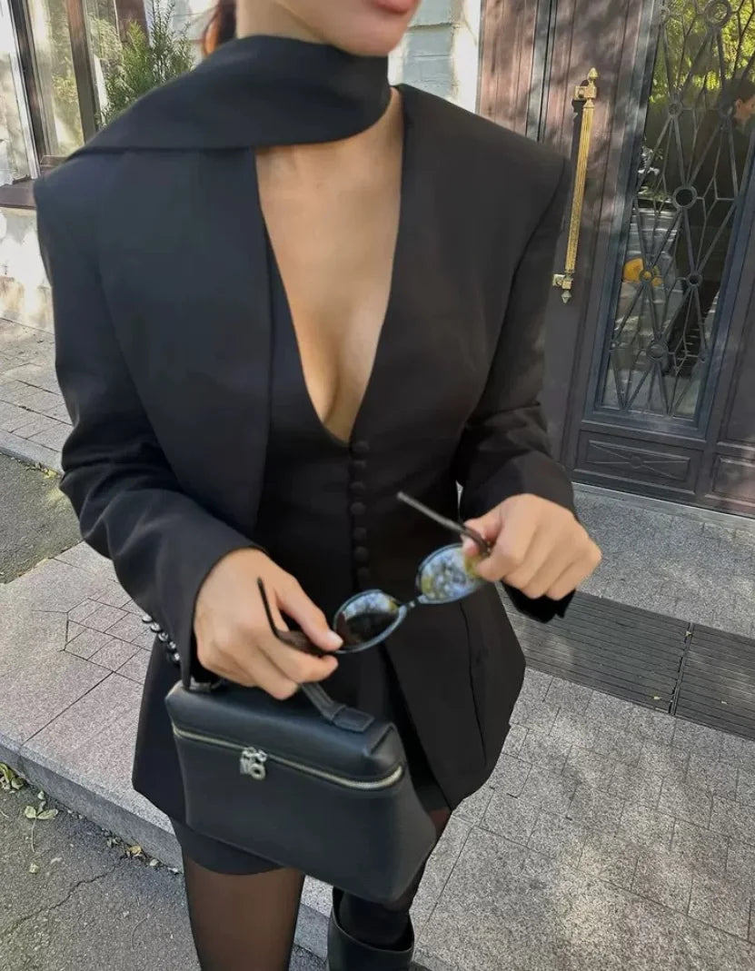 Women's Waist-Cinching Blazer, V-Neck Slim Fit, with Tie, High-End Office Jacket, Single-Button, Women's Formal Top, Commuter Blazer