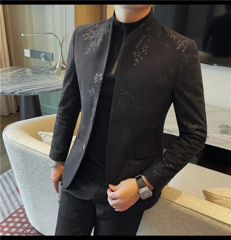 2025 Spring Trendy Jacquard Suit Jacket Men Stand Up Collar Casual Blazers Slim Wedding Business Streetwear Social Dress Coats