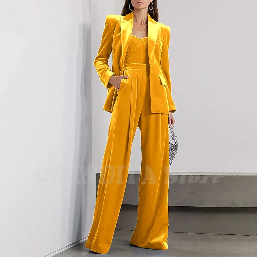 Velvet Women Pants Sets 2 Piece Fashion Peak Lapel Single Breasted Wear Chic Party Casual Office Lady Suits (Blazer+Pants)