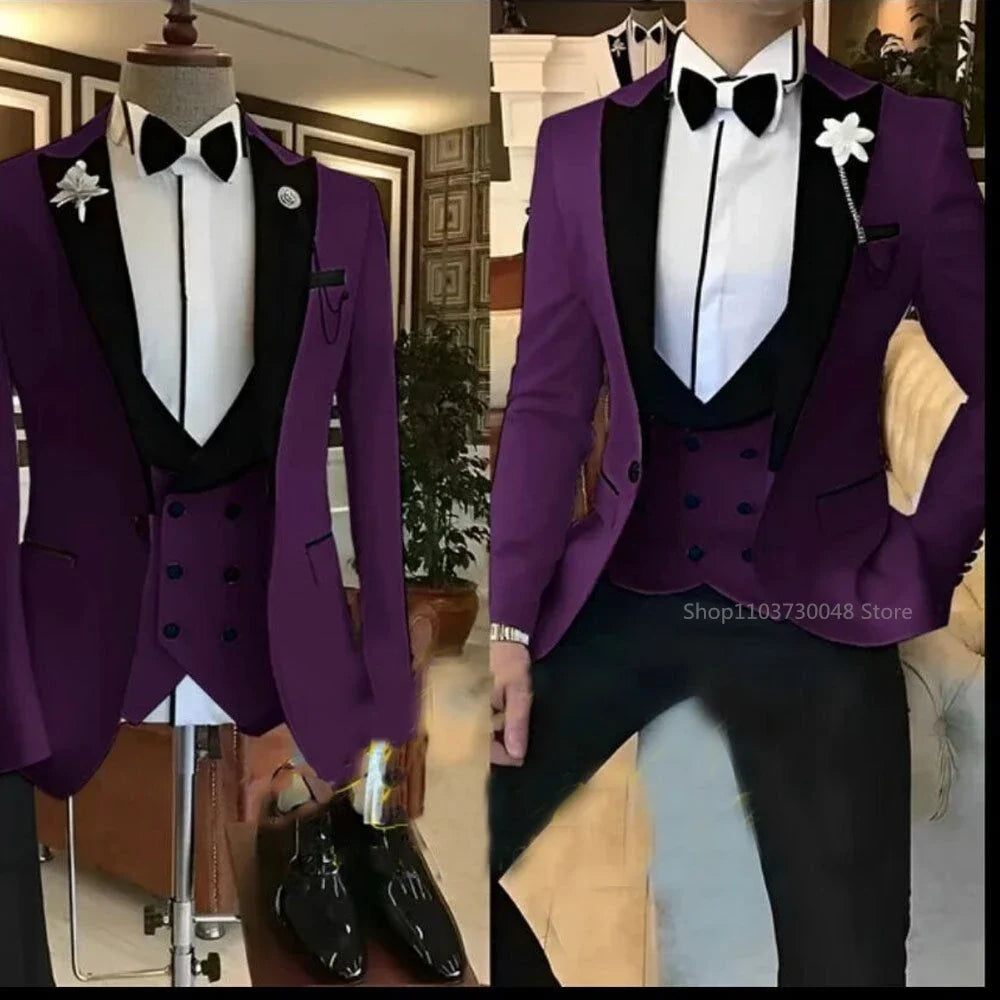 Latest Solid Formal Men's Wedding Suit Slim Fit Elegant Groom Tuxedos Business Party Suits 3 Pieces Sets (Jacket+Vest+Pants)