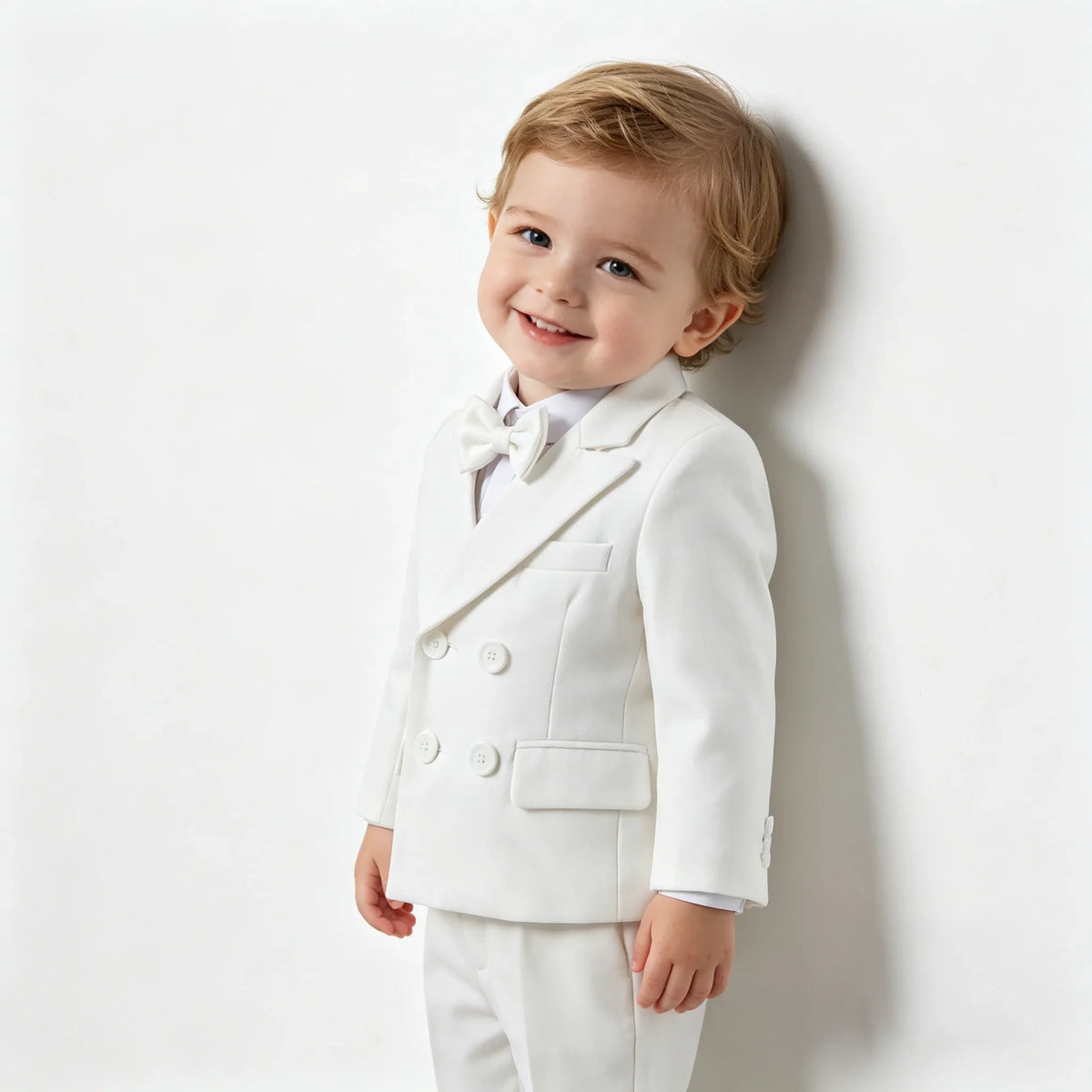 Boys White Wedding Suit Set Kids Formal Double‑Breasted Blazer Bow Tie Pants Outfit Toddler Party Christening Gentleman Costume