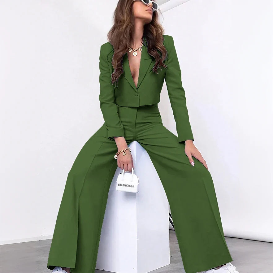 Single-grain Buckle Women Suit Two Pieces(Short Jacket+Pants) Peaked Lapel Office Lady for Business Daily Shopping Set Custom