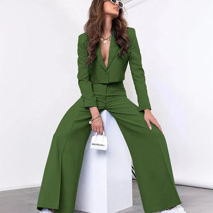 Single-grain Buckle Women Suit Two Pieces(Short Jacket+Pants) Peaked Lapel Office Lady for Business Daily Shopping Set Custom