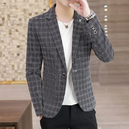 KIDWHXR Suit Coat Man British Style Striped Single-breasted Men Blazer Slim Long Sleeve Comfortable Male Casual Outerwear