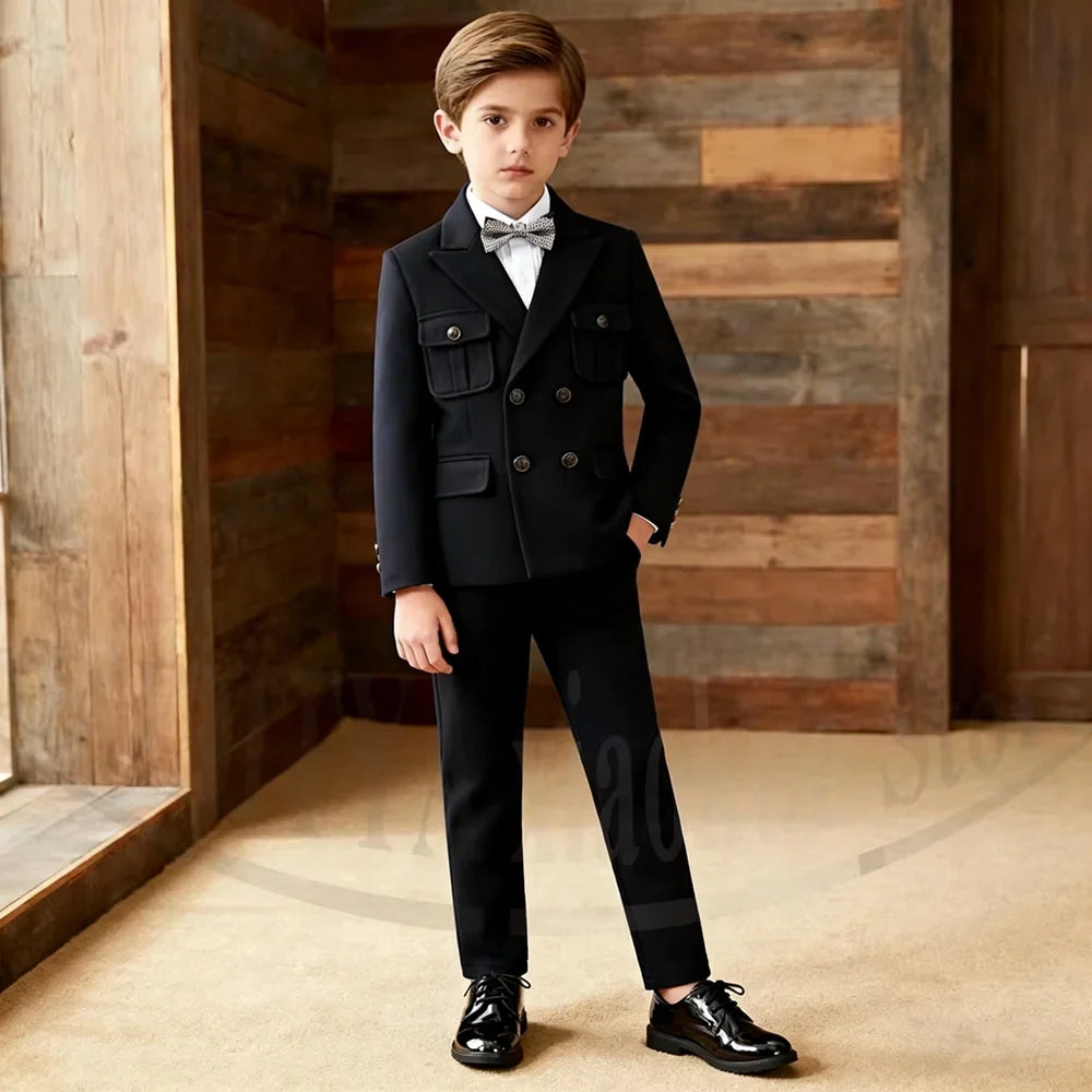 Boys Suit Fashion Navy Blue Double Breasted Children Wear 2 Piece Wedding Party Prom Kids Elegant Outfit (Blazer+Pants)