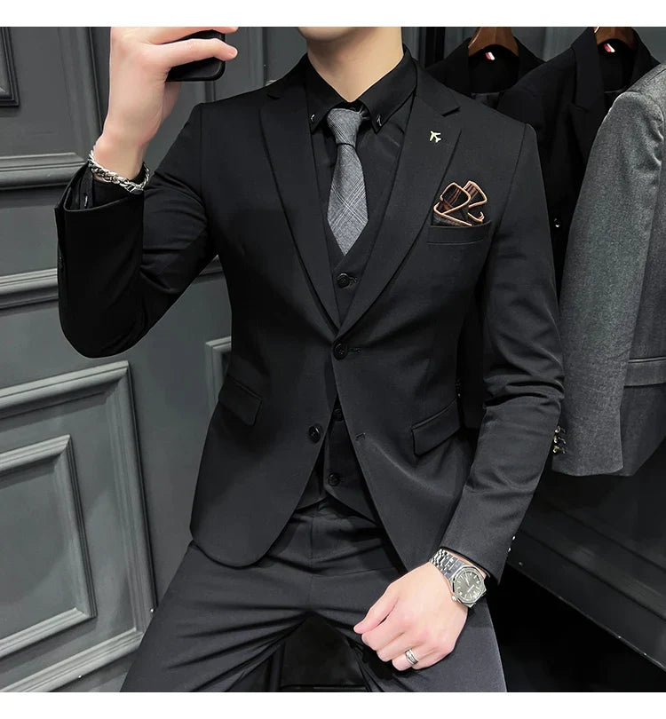 Men's Slim Fit 3-Piece Suit – Solid Color, Smart Casual & Wedding
