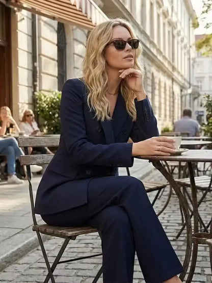 Women's 2 Piece Set Fashionable Long Sleeve Navy Blue Collar V-neck Suit Coat Straight Pants Suit New Matching Sets Office Lady