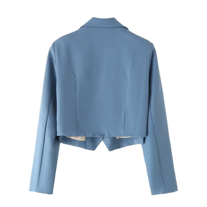 Women's Blue Blazer Jacket Vintage Office Ladies Long Sleeve Single Breasted Cropped Outerwear Suit Coat Y2k 2000s Spring Autumn